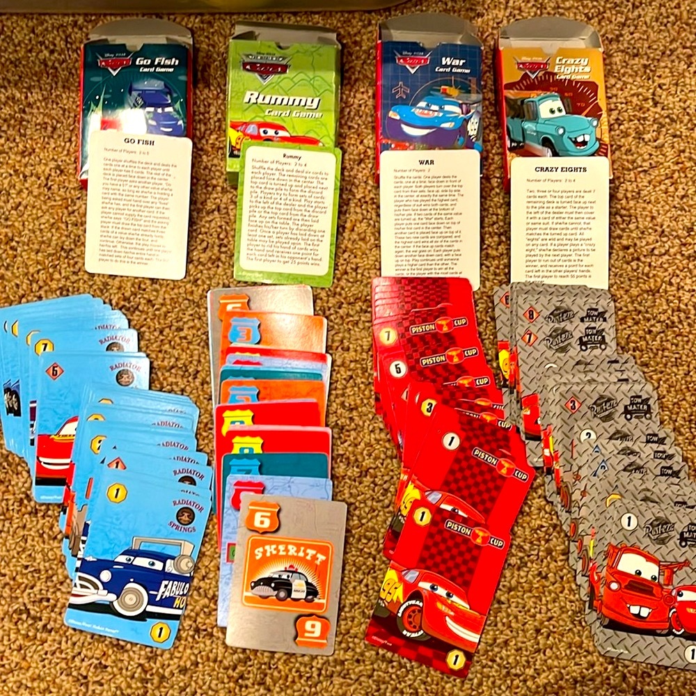 Set of four Disney Pixar Cars fun McQueen Mater playing card games ages 4+ EUC